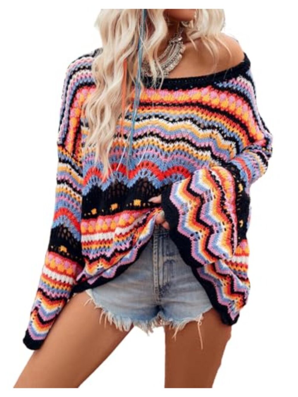Oversized Crochet Hollow Out Pullover Long Sleeve Sweater
